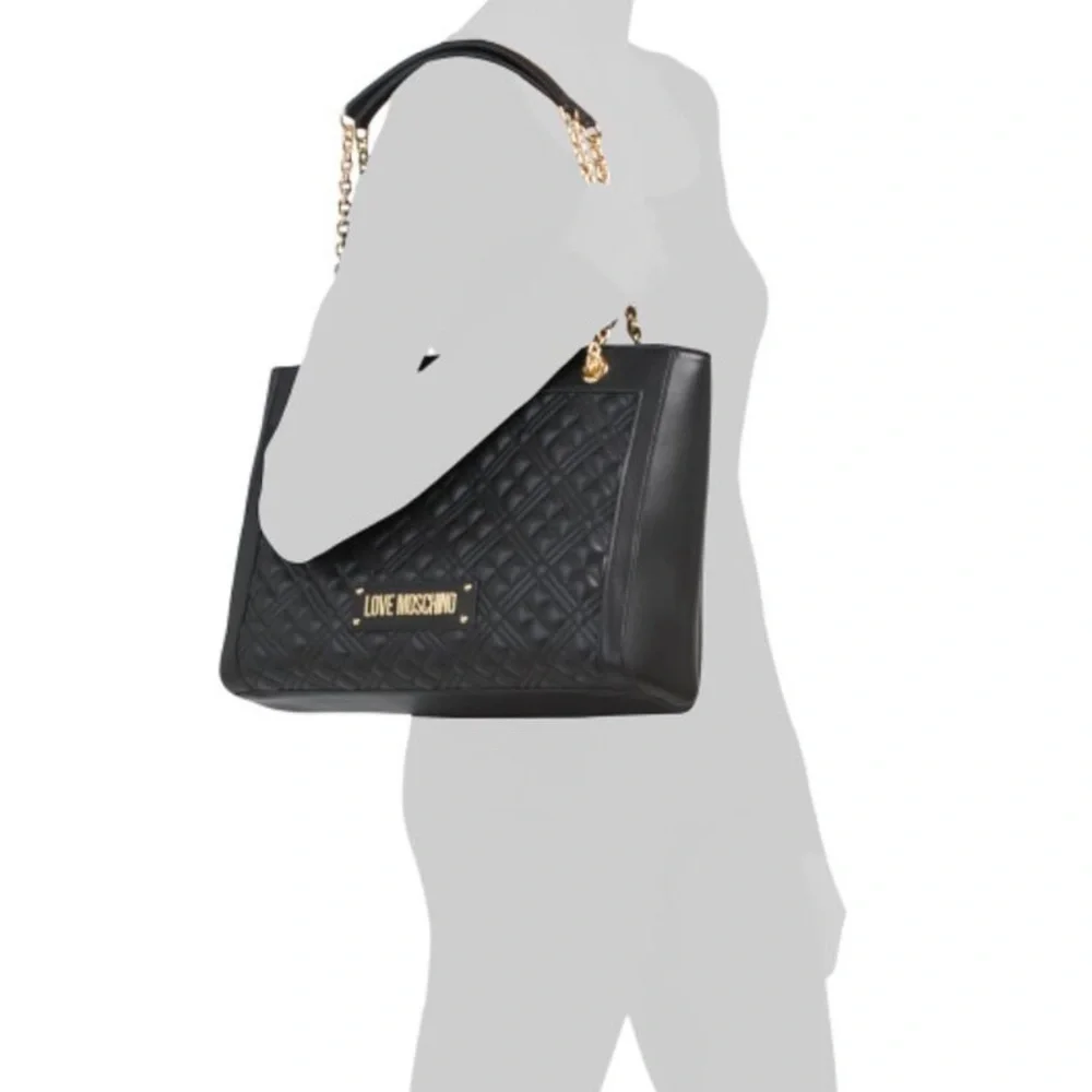 NWT Love Moschino Black Quilted Borsa Shoulder Tote in Black and Gold - Picture 4 of 15